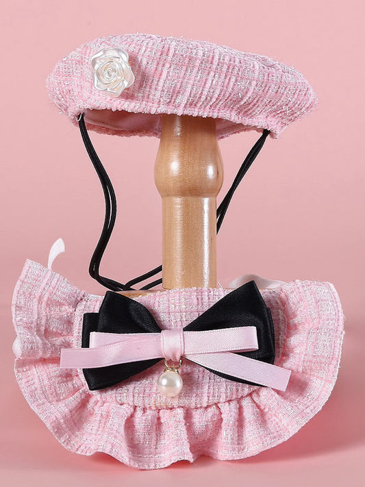 Tweed Beret Hat & Bandana Set - Pink