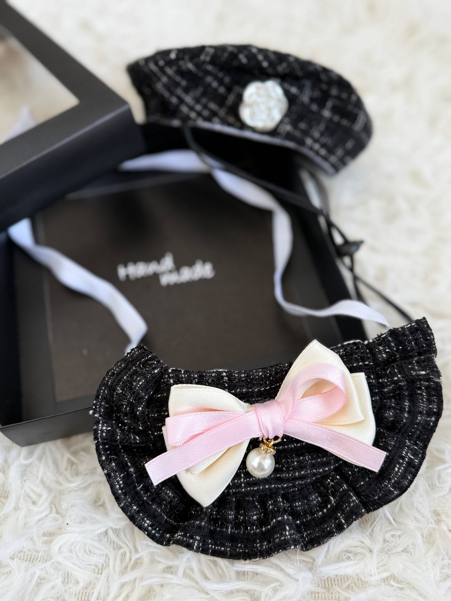 Tweed Beret Hat & Bandana Set - Black