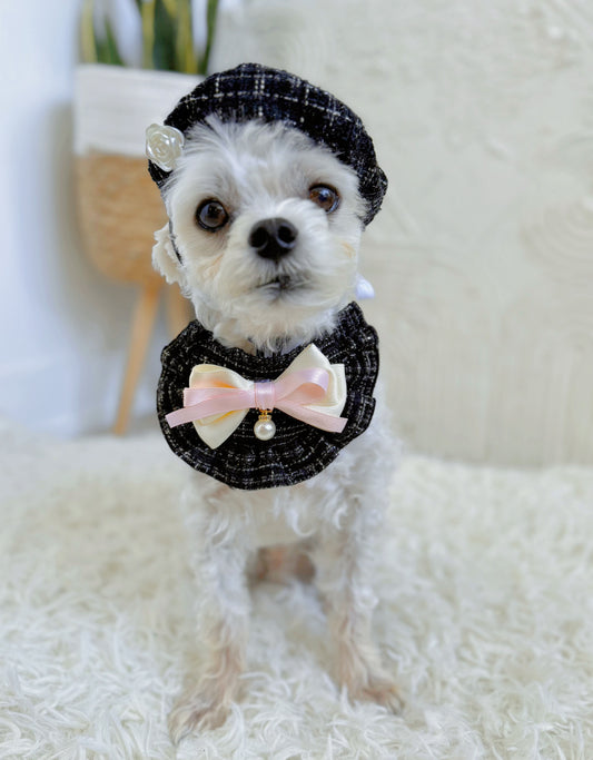 Tweed Beret Hat & Bandana Set - Black