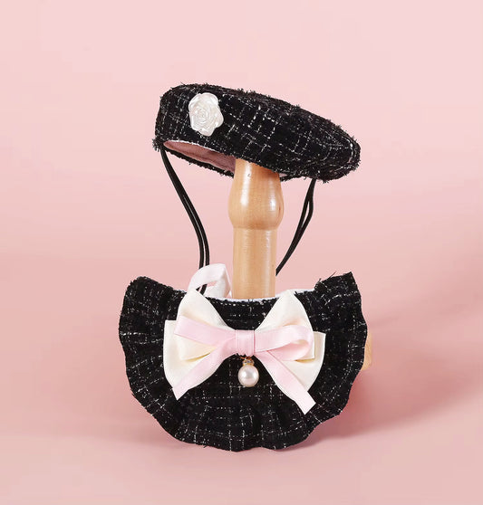 Tweed Beret Hat & Bandana Set - Black