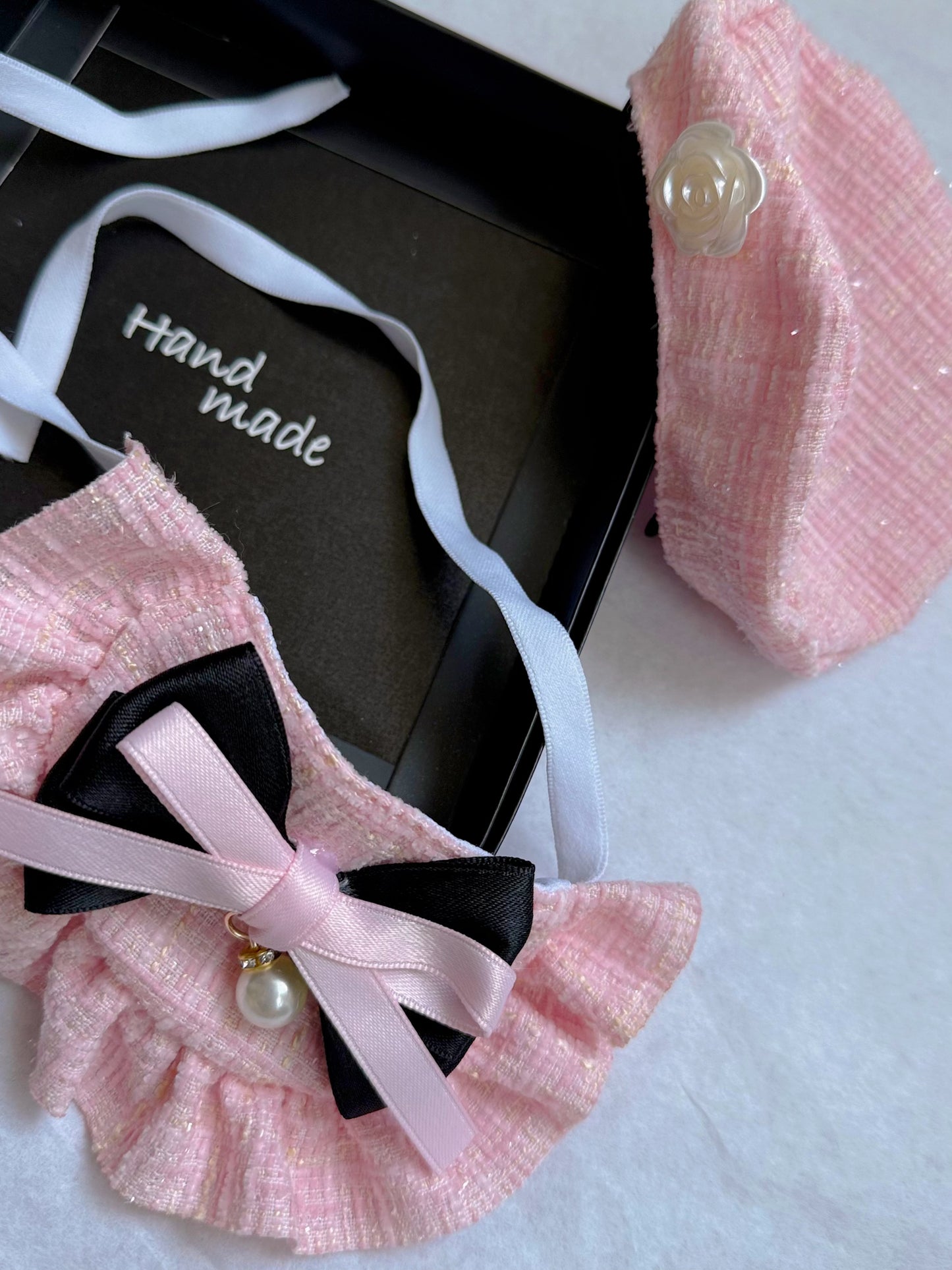 Tweed Beret Hat & Bandana Set - Pink