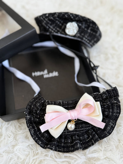 Tweed Beret Hat & Bandana Set - Black