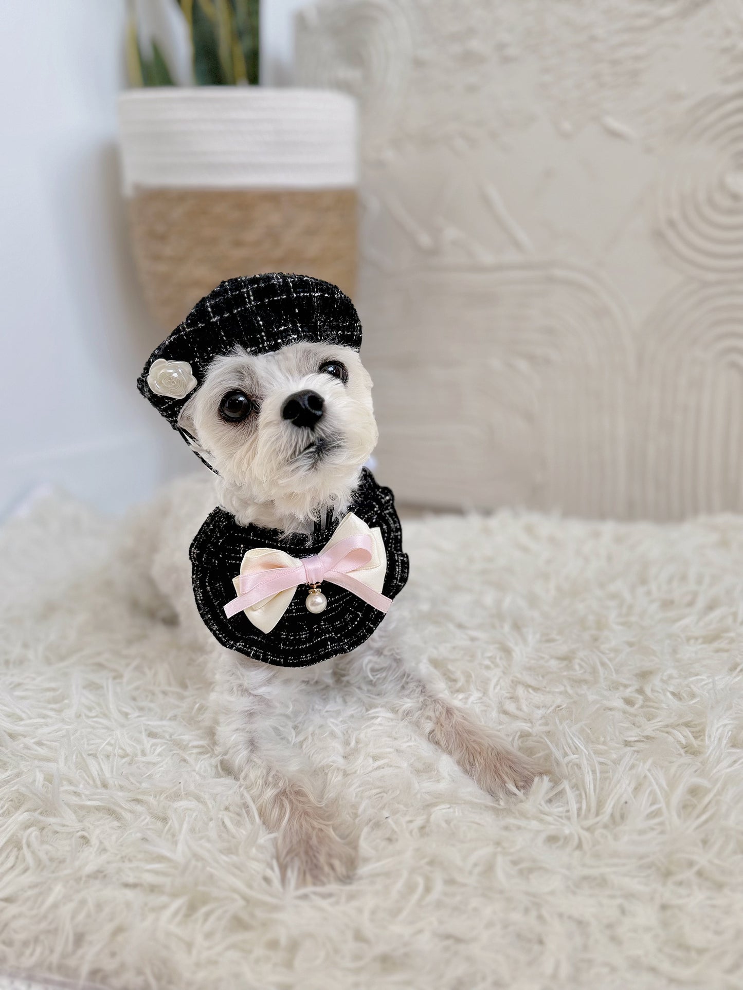 Tweed Beret Hat & Bandana Set - Black