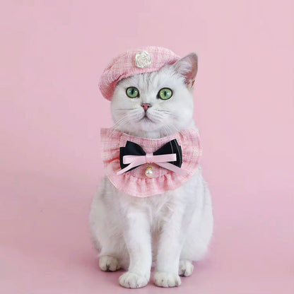 Tweed Beret Hat & Bandana Set - Pink