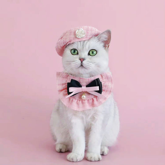 Tweed Beret Hat & Bandana Set - Pink