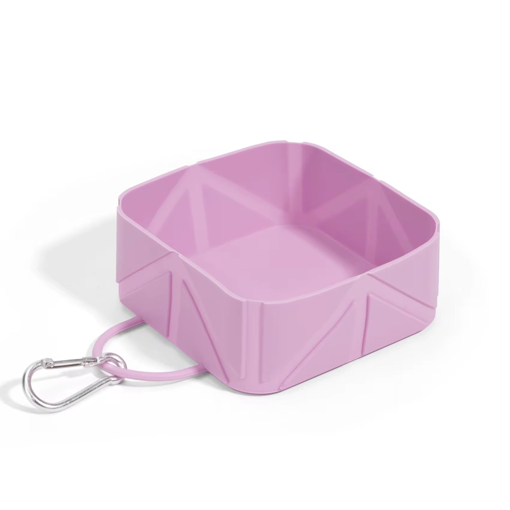 Pink pet bowl with a carabiner on a white background